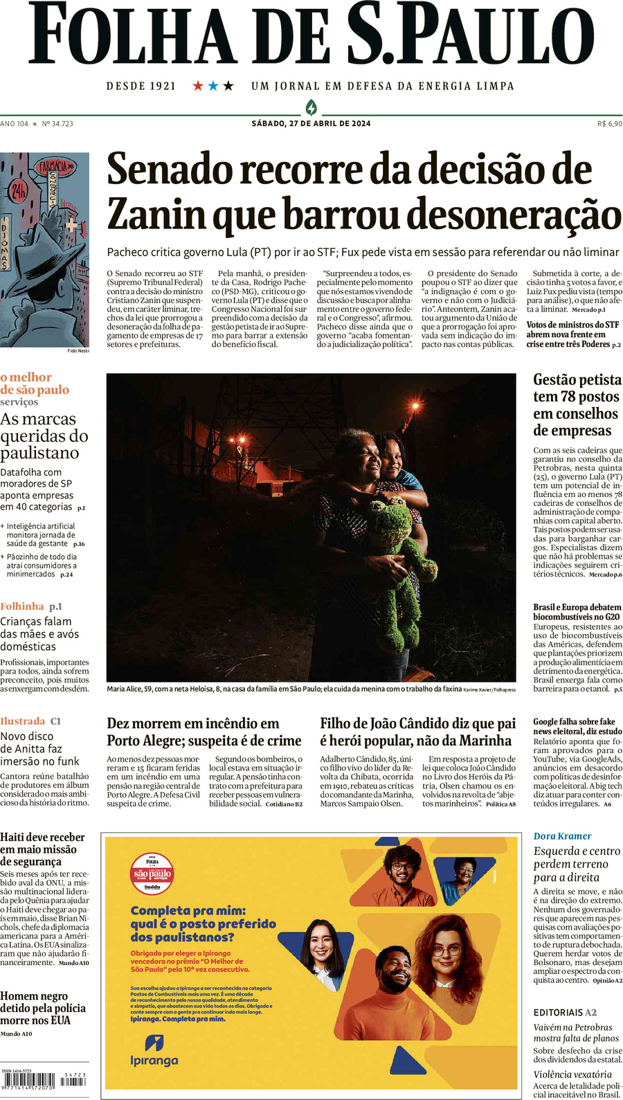 Prima Pagina Folha de S.Paulo 28/04/2024