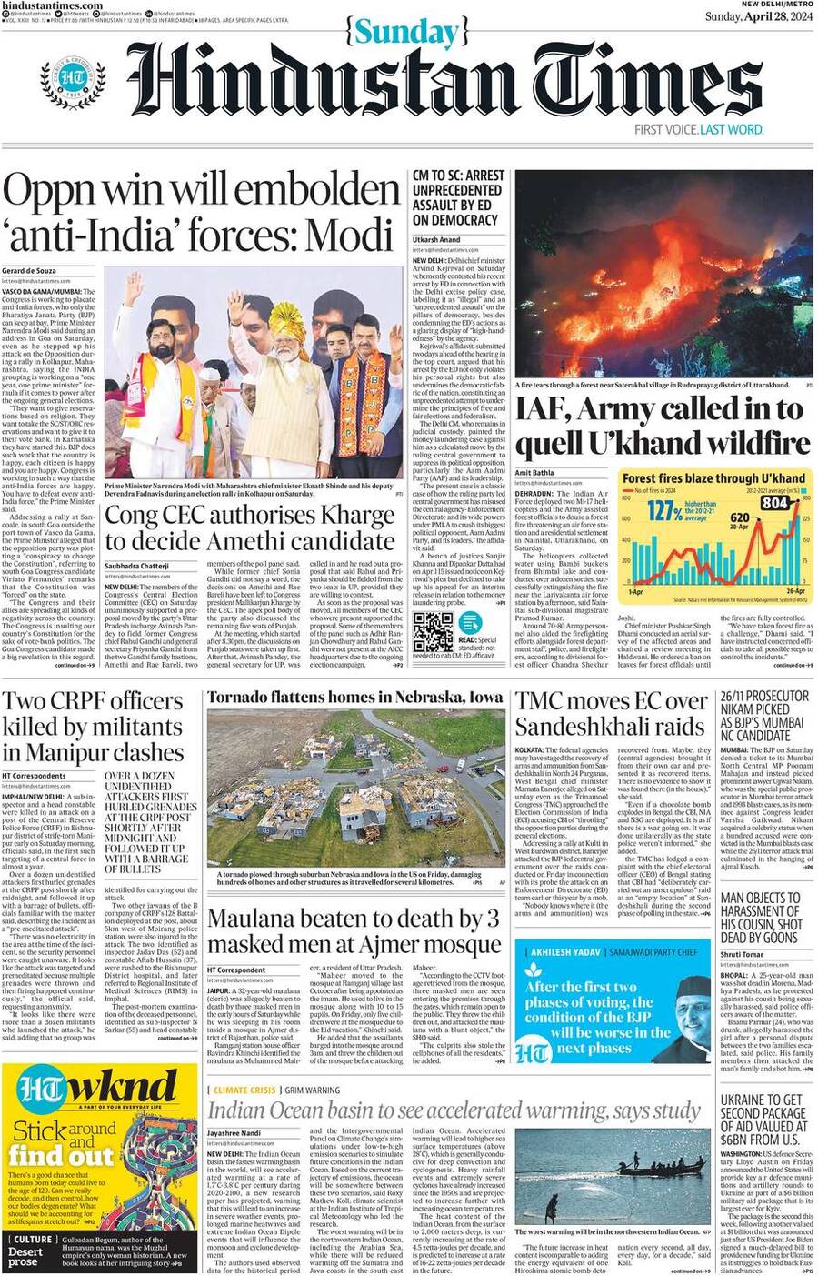 Prima Pagina Hindustan Times 28/04/2024