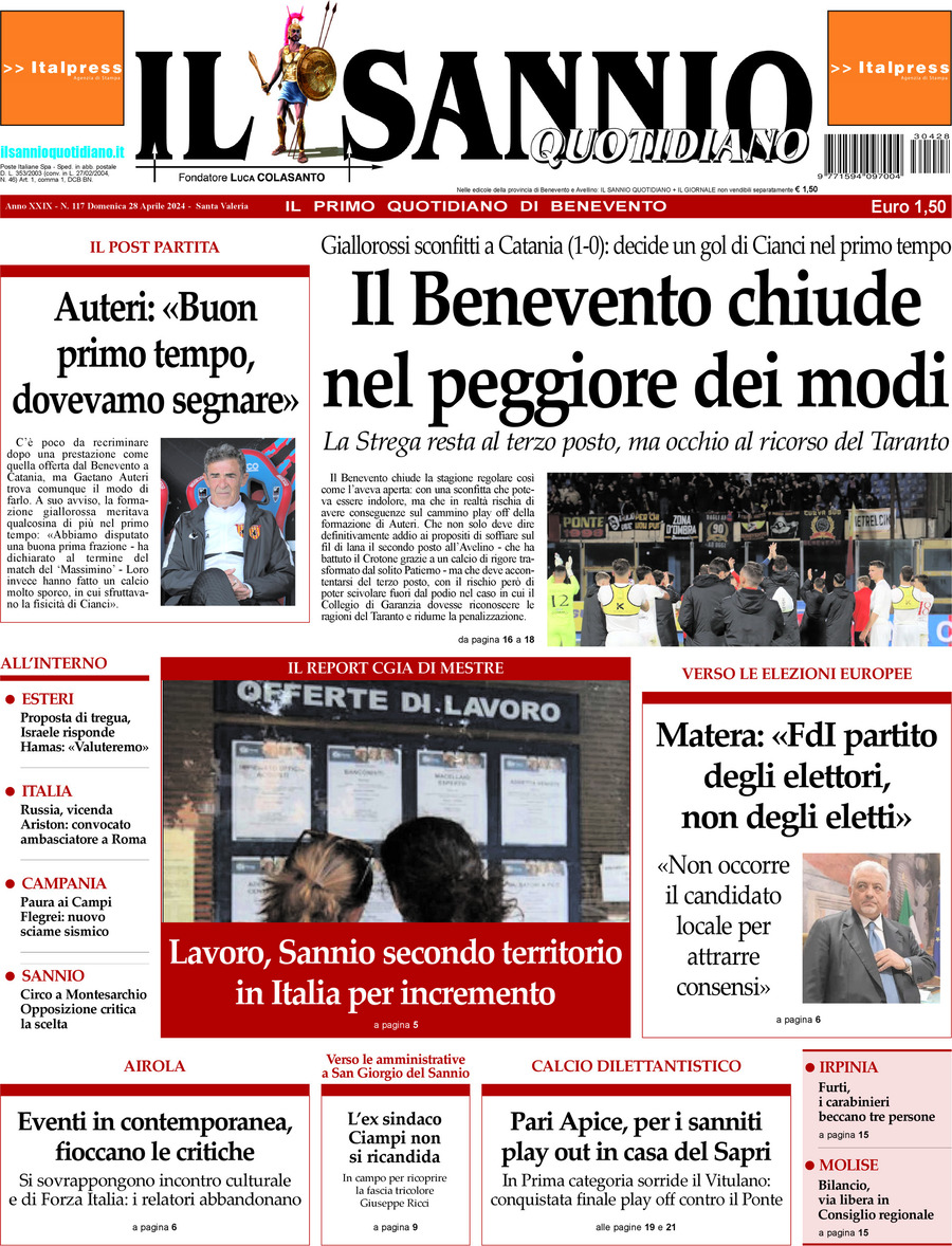 Prima Pagina Il Sannio Quotidiano 28/04/2024