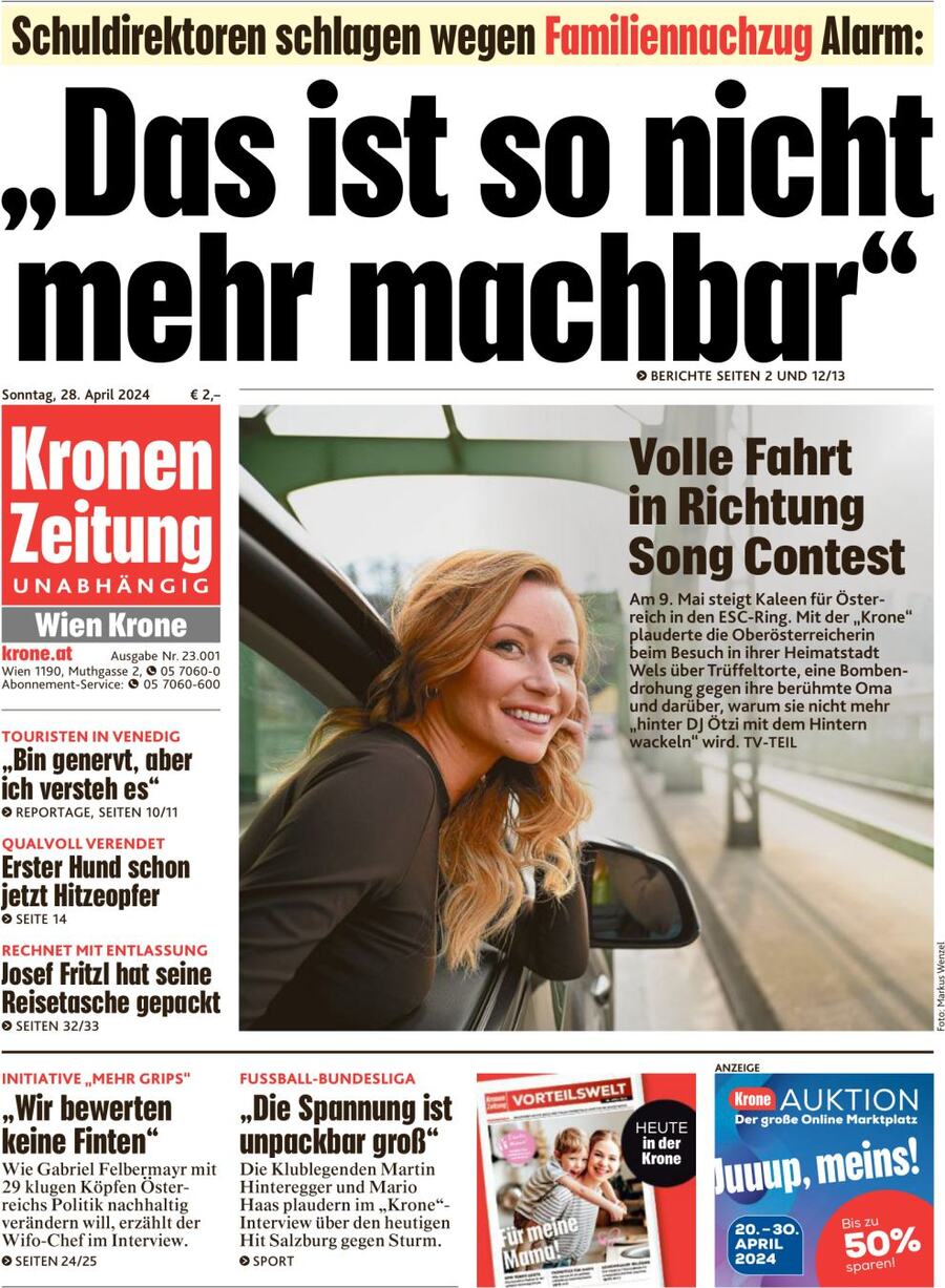 Prima Pagina Kronen Zeitung 28/04/2024