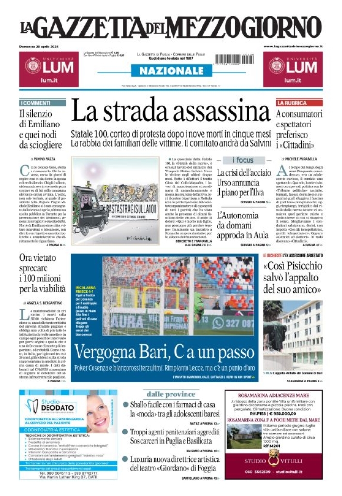 Prima Pagina La Gazzetta del Mezzogiorno (Basilicata) 28/04/2024