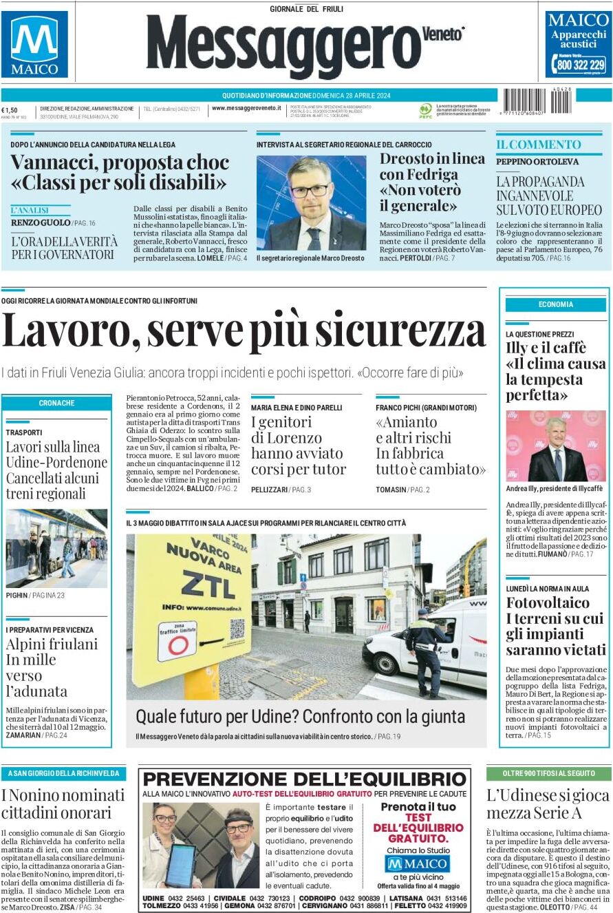 Prima Pagina Messaggero Veneto (Gorizia) 28/04/2024