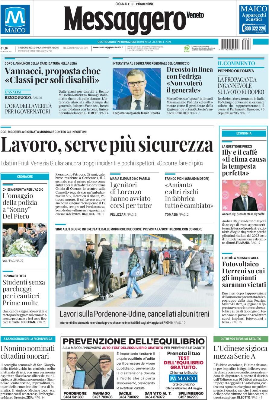 Prima Pagina Messaggero Veneto (Pordenone) 28/04/2024