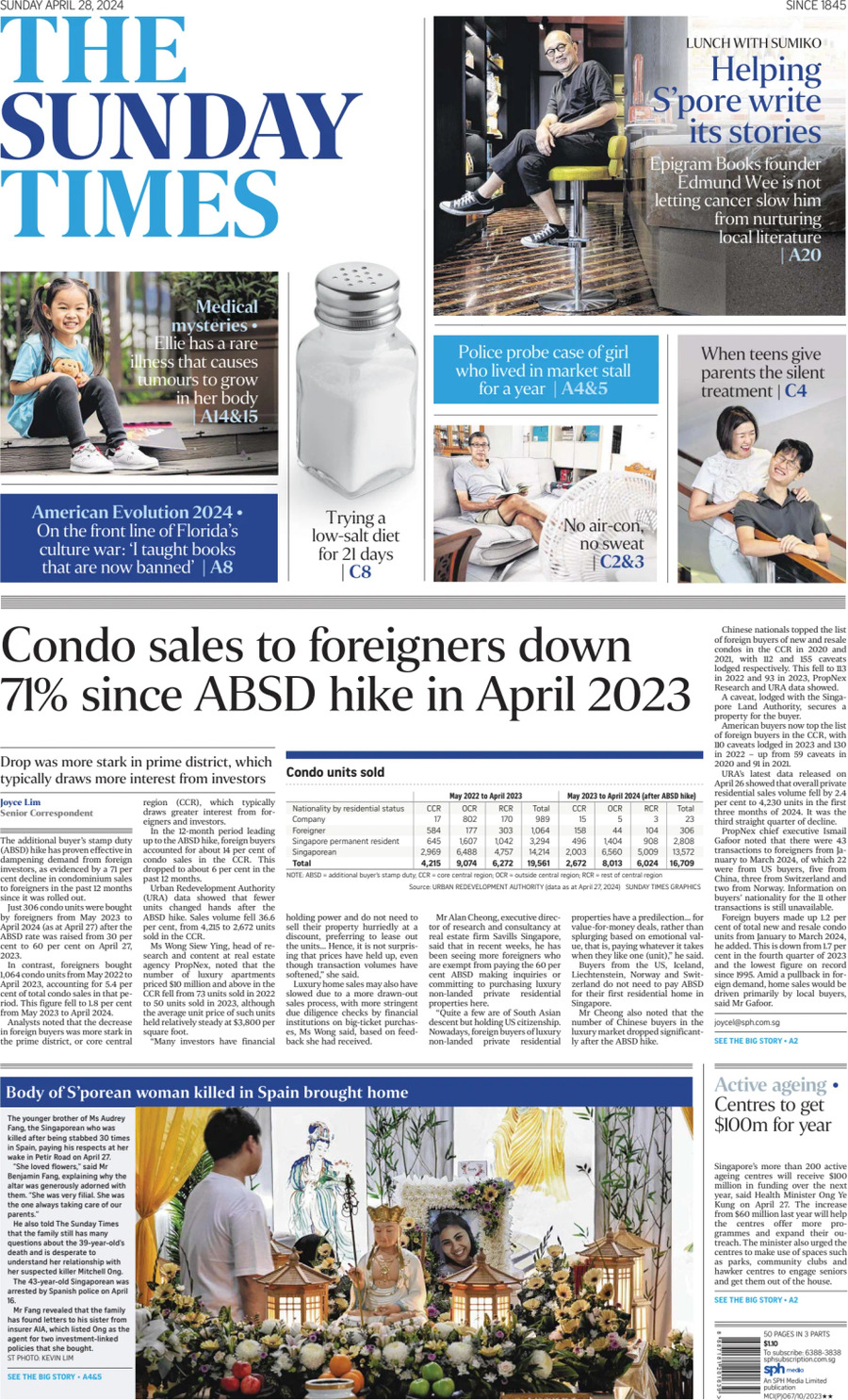 Prima Pagina The Straits Times 28/04/2024