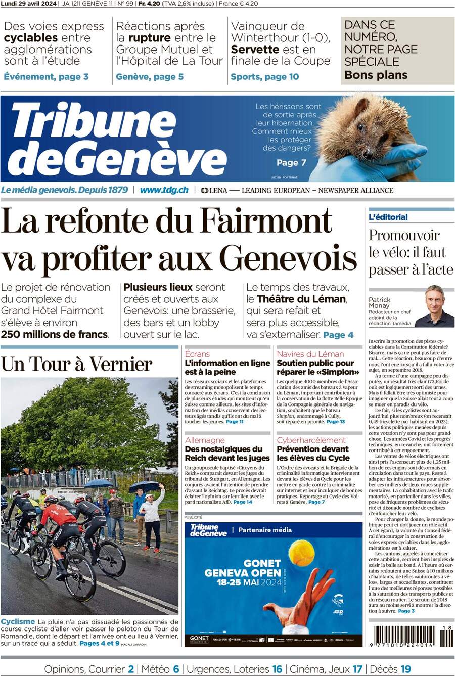Prima Pagina Tribune de Genève 29/04/2024