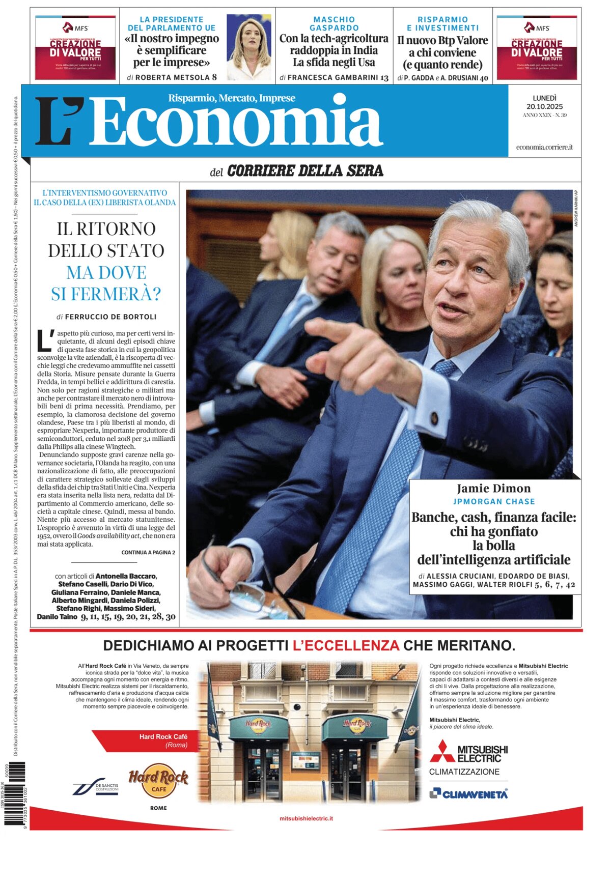 Copertina L'Economia (Corriere della Sera) 20/10/2025