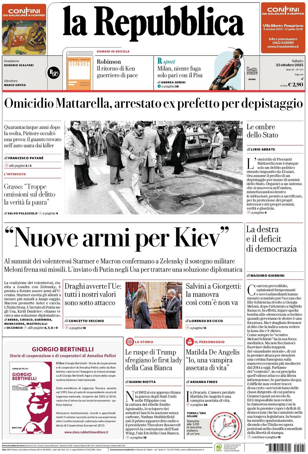 Prima Pagina La Repubblica 25/10/2025