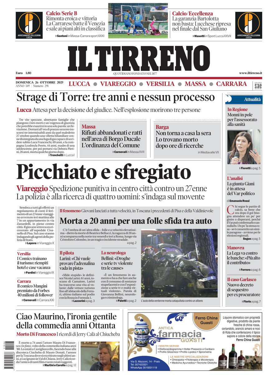 Prima Pagina Il Tirreno (Lucca, Viareggio, Versilia, Massa, Carrara) 26/10/2025