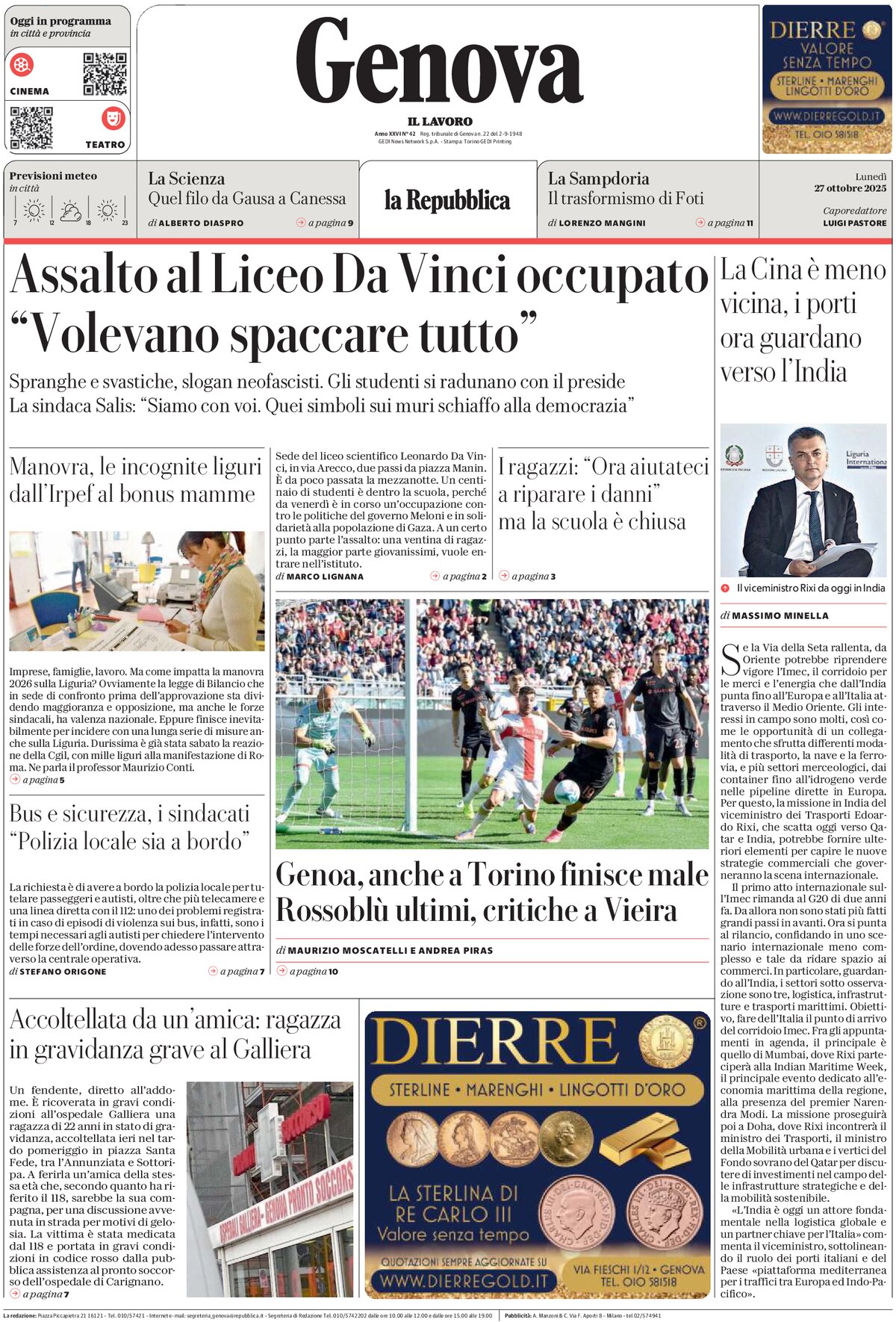 Prima Pagina La Repubblica (Genova) 27/10/2025