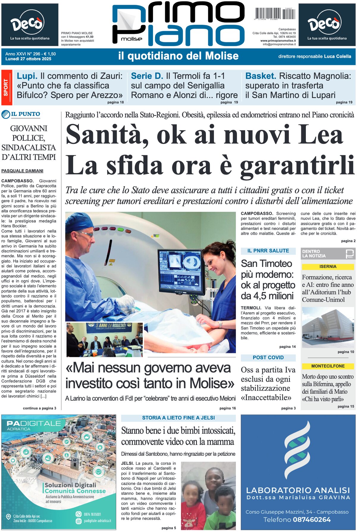 Prima Pagina Primo Piano Molise 27/10/2025