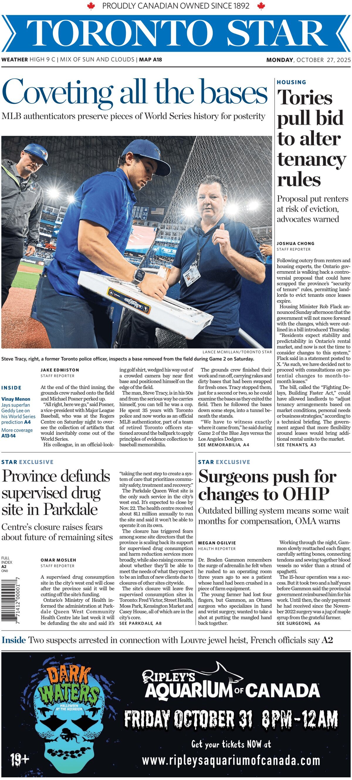 Prima Pagina Toronto Star 27/10/2025