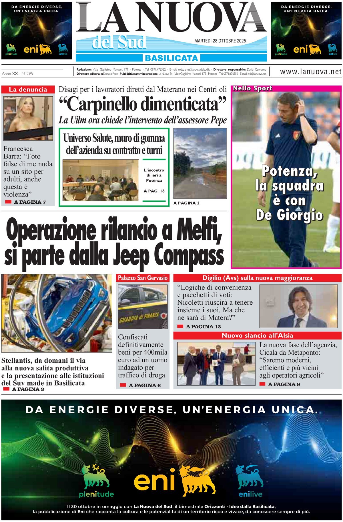 Prima Pagina La Nuova del Sud (Basilicata) 28/10/2025