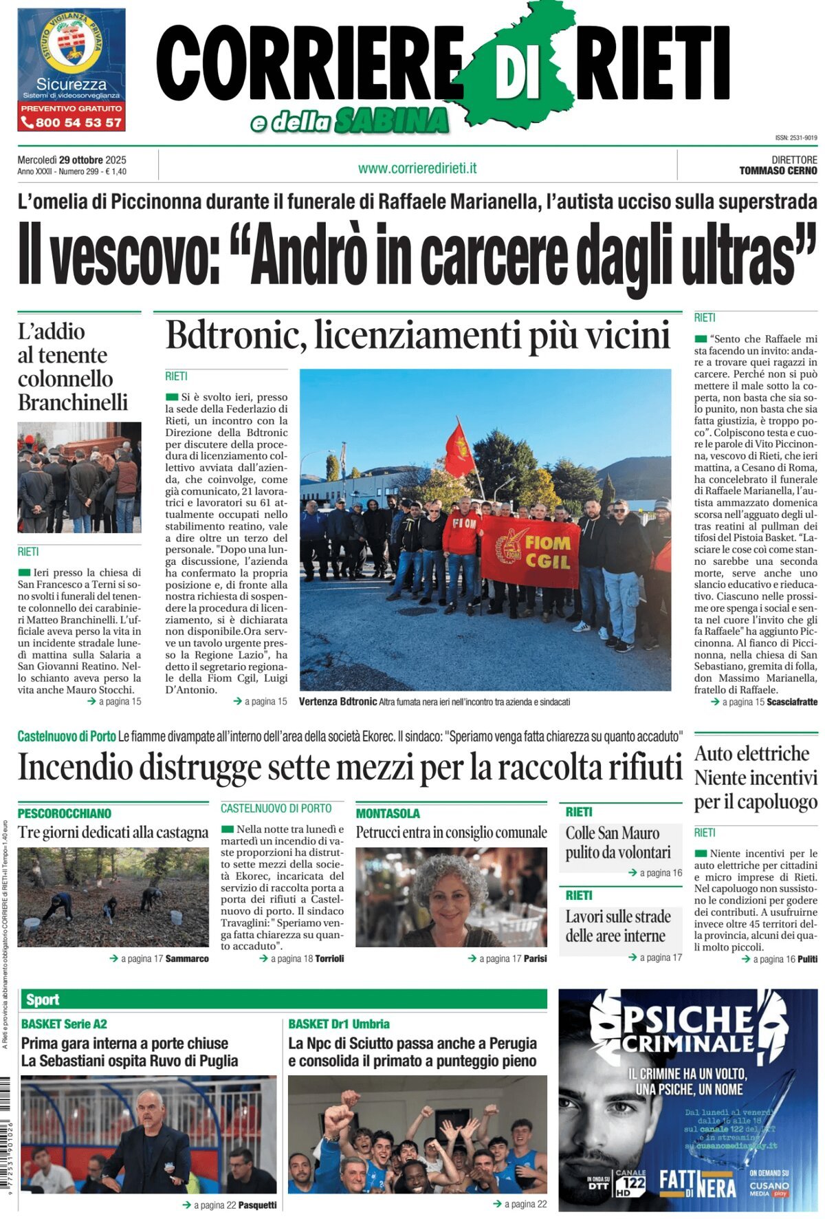 Prima Pagina Corriere di Rieti e della Sabina 29/10/2025