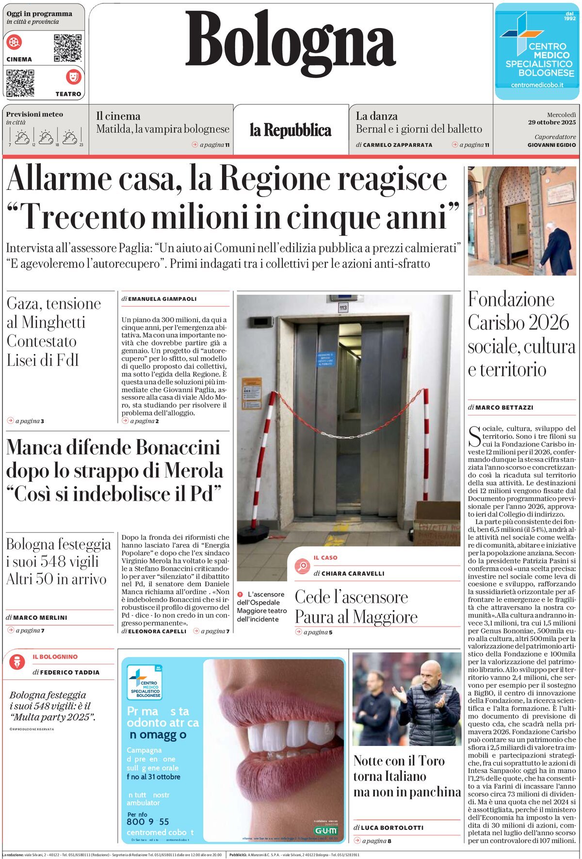 Prima Pagina La Repubblica (Bologna) 29/10/2025
