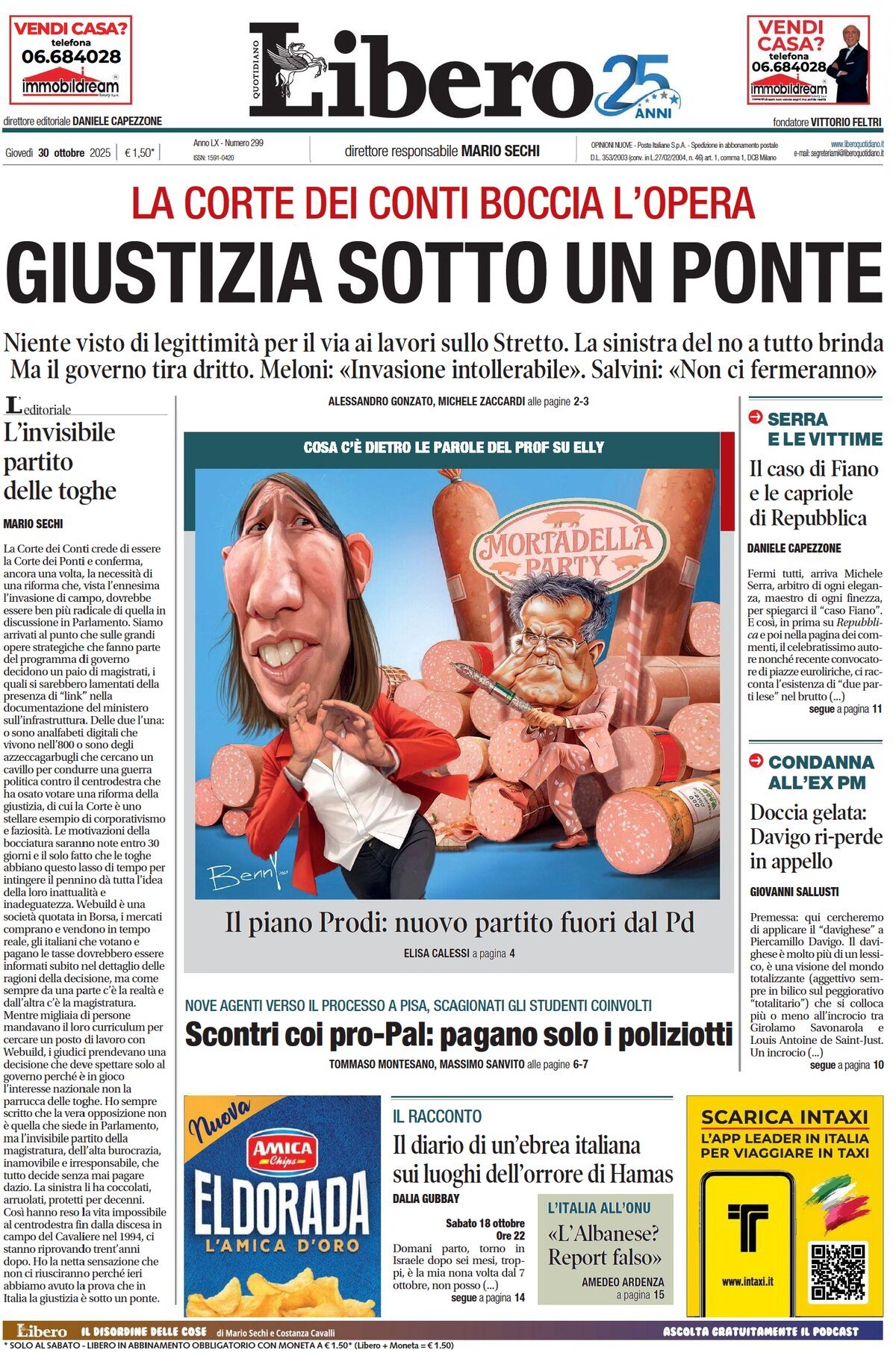 Prima Pagina Libero Quotidiano 30/10/2025