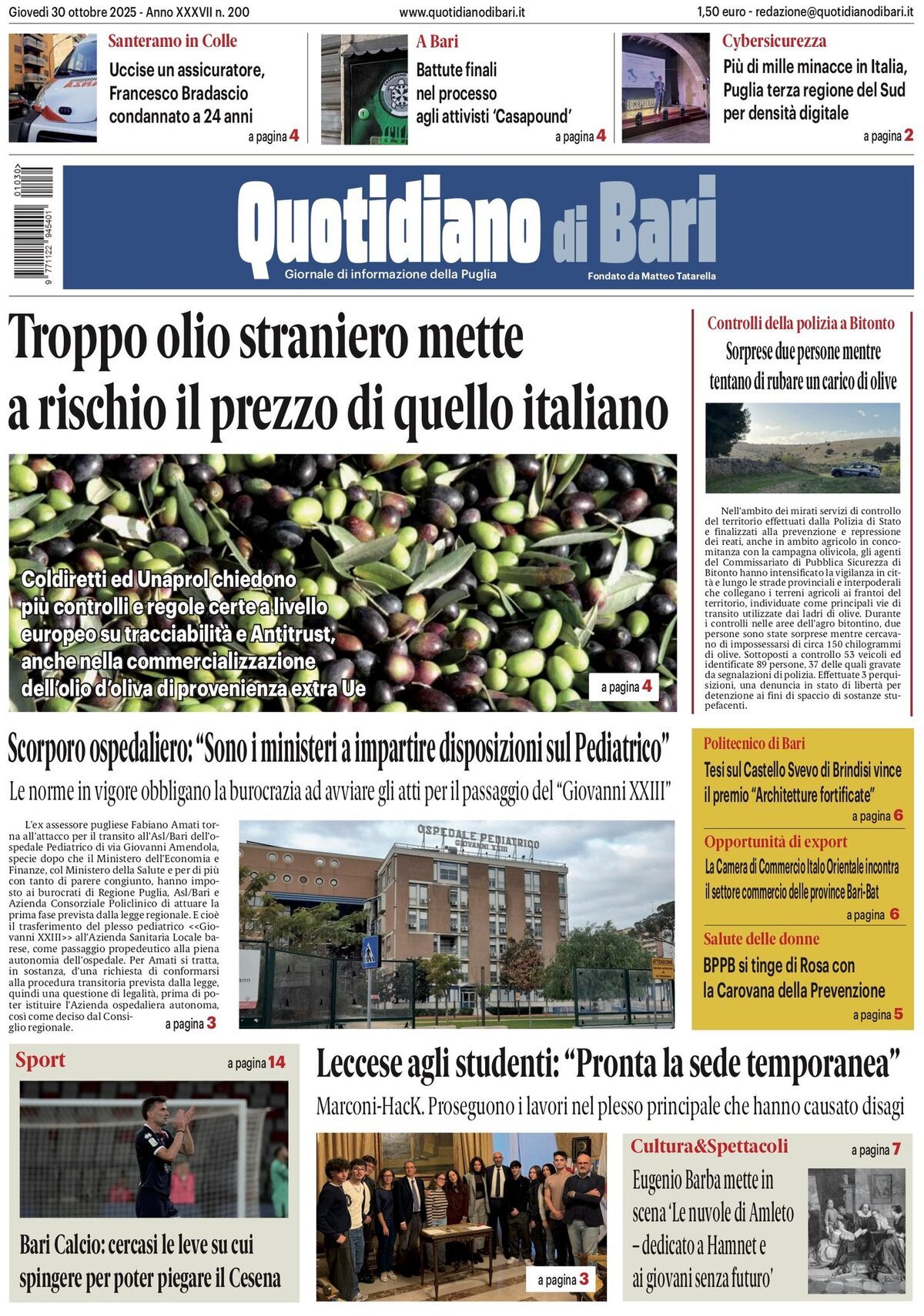 Prima Pagina Quotidiano di Bari 30/10/2025