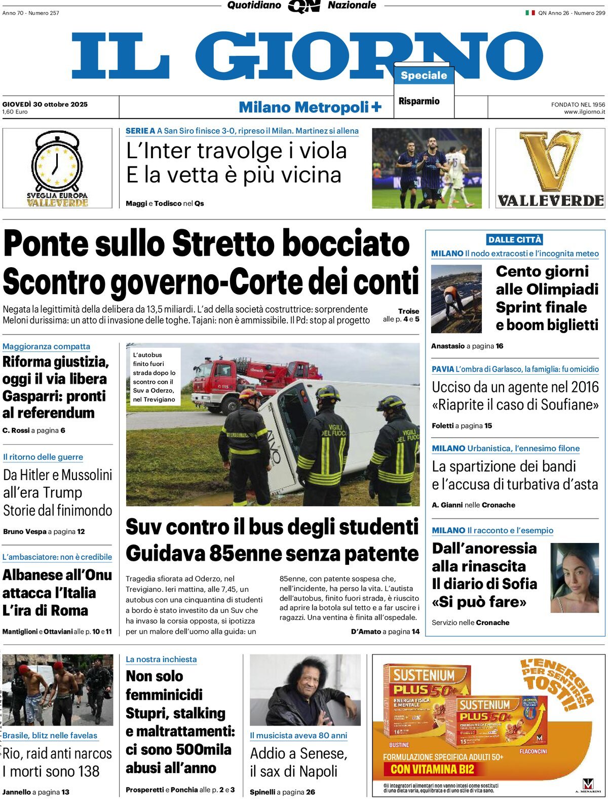 Prima Pagina Il Giorno (Milano Metropoli) 30/10/2025