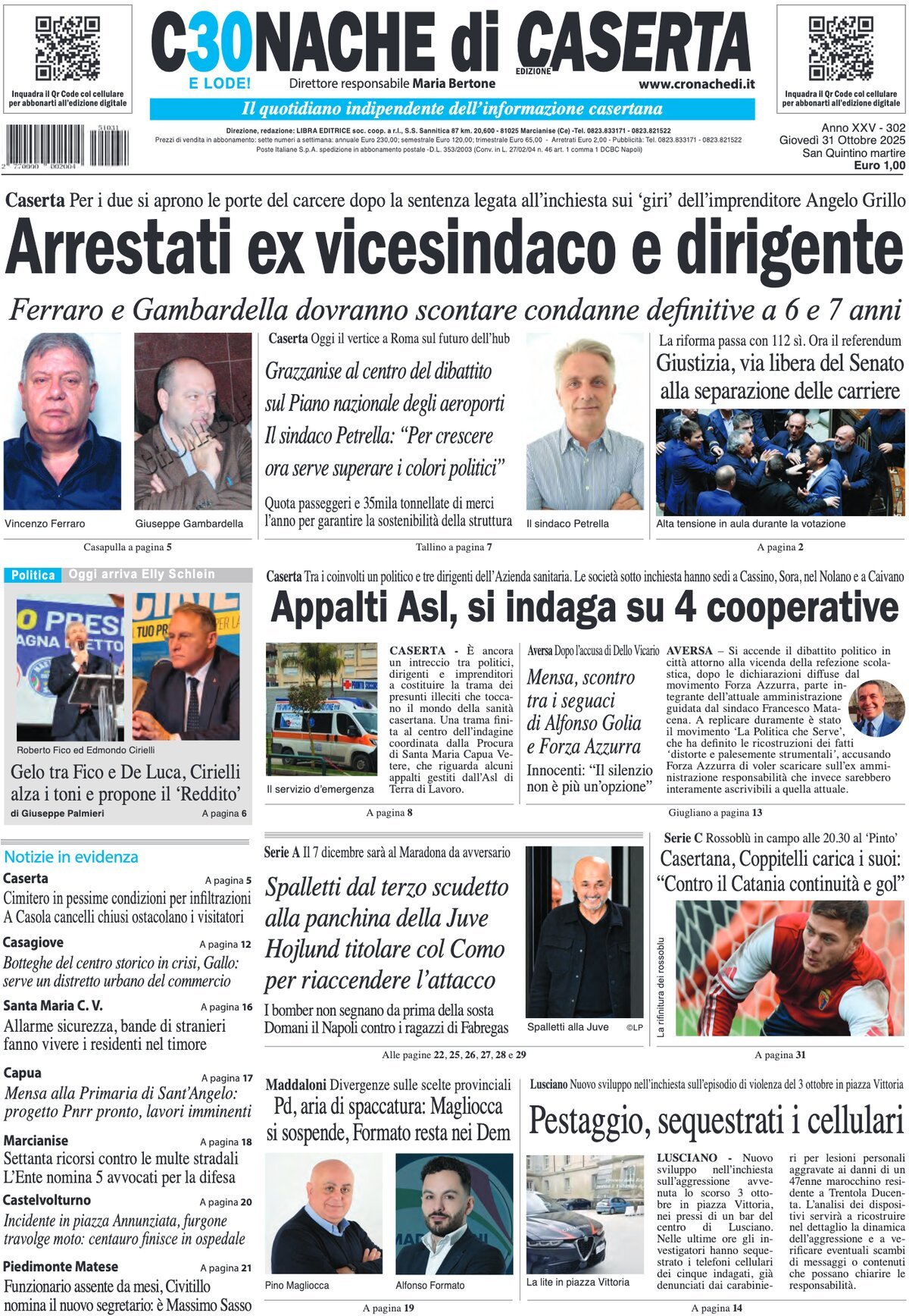 Prima Pagina Cronache di Caserta 31/10/2025