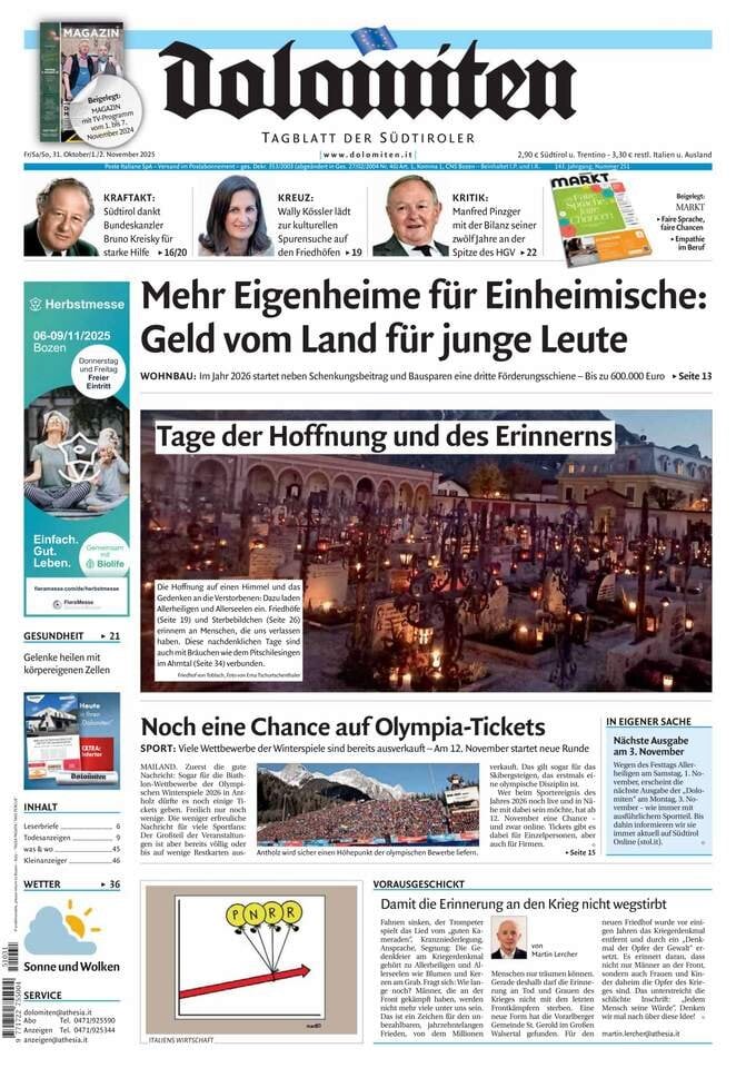 Prima Pagina Dolomiten 31/10/2025