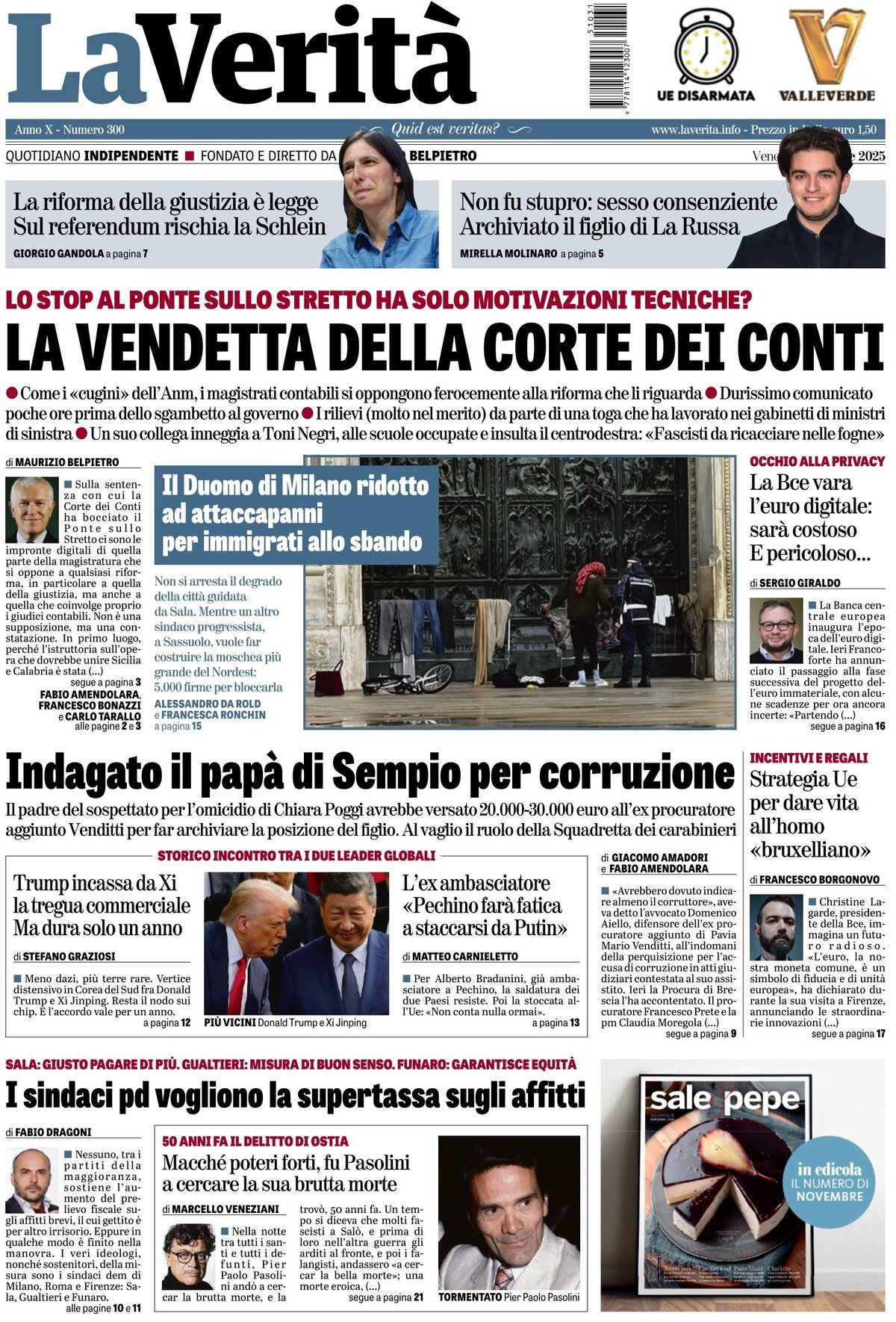 Prima Pagina La Verità 31/10/2025