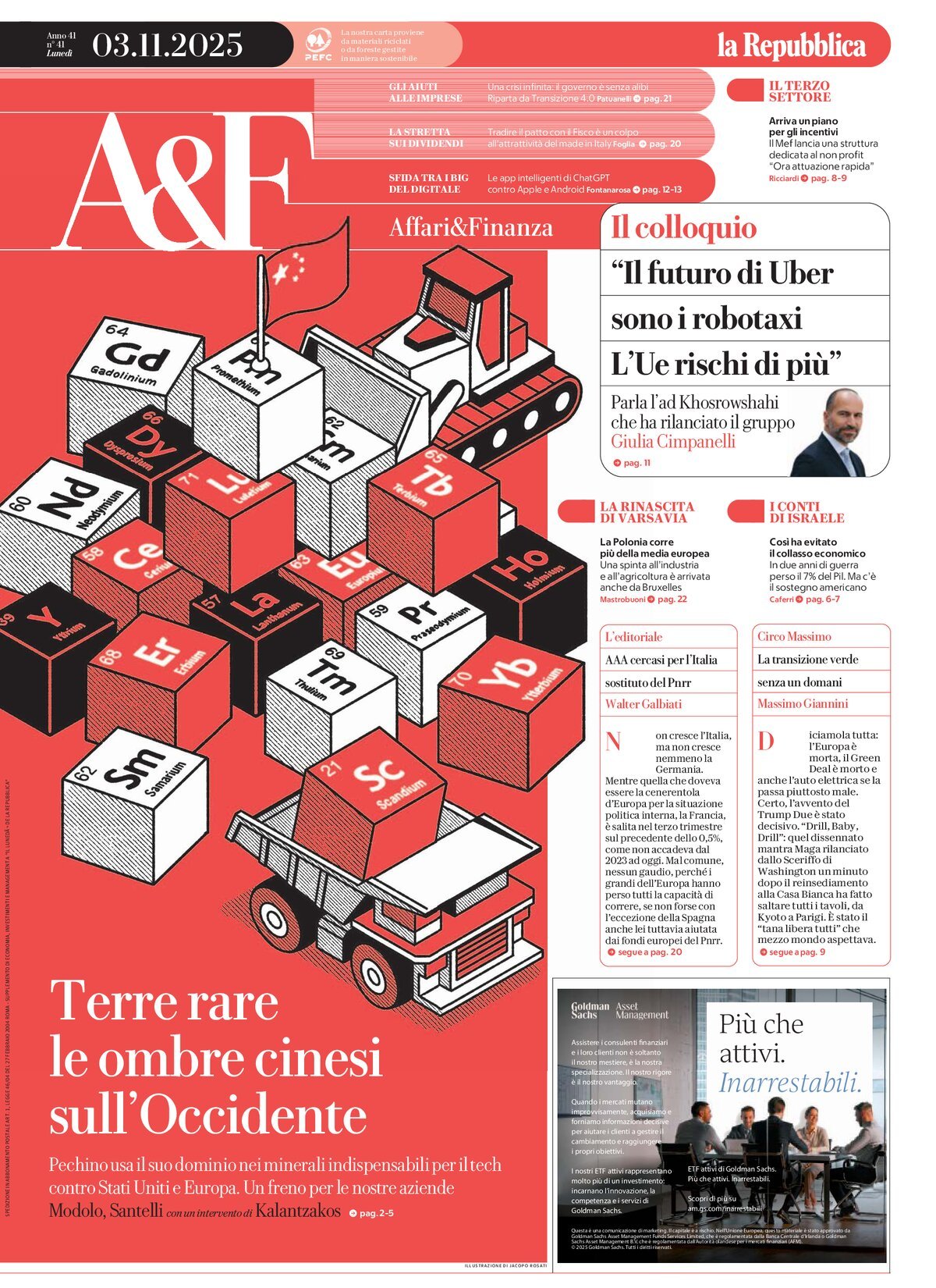 Copertina Affari & Finanza (la Repubblica) 03/11/2025