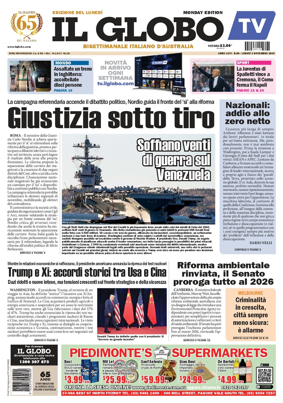 Copertina Il Globo 03/11/2025