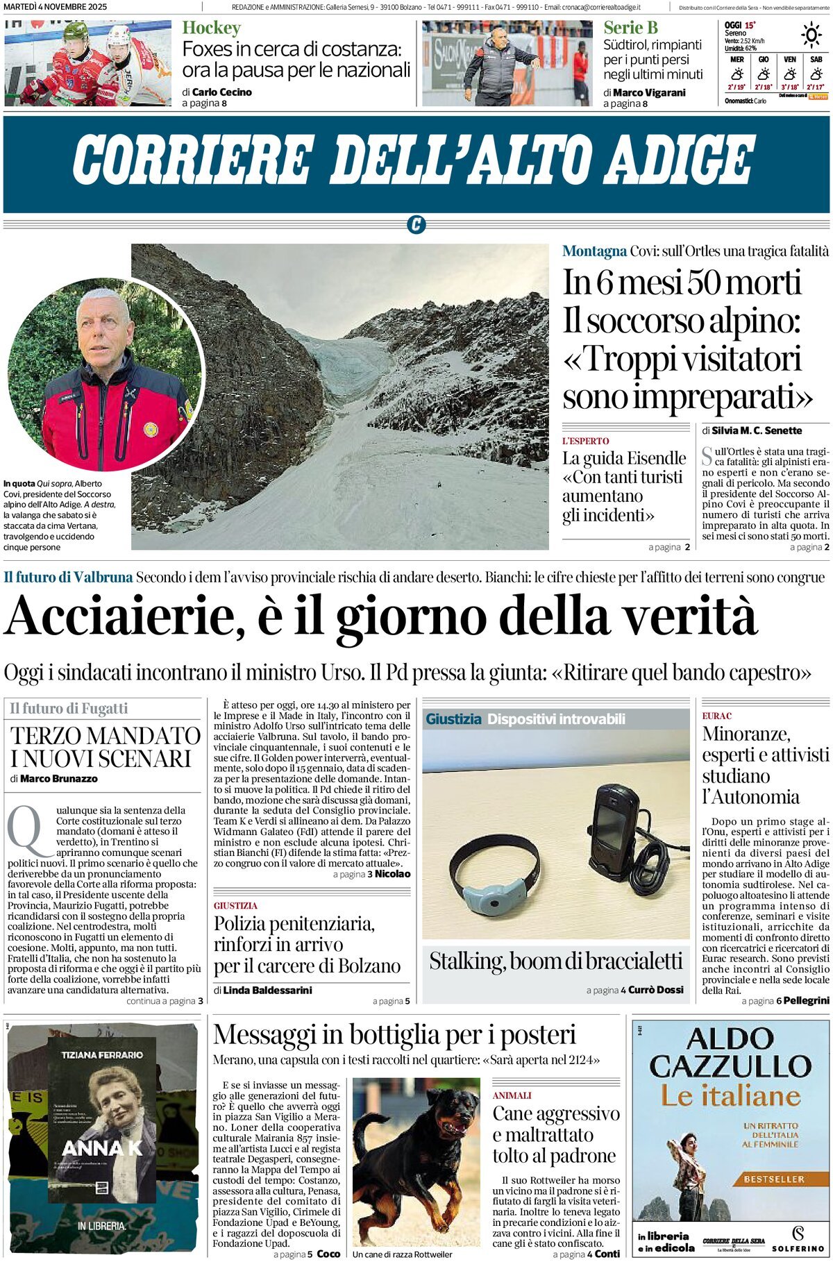 Prima Pagina Corriere dell'Alto Adige 04/11/2025