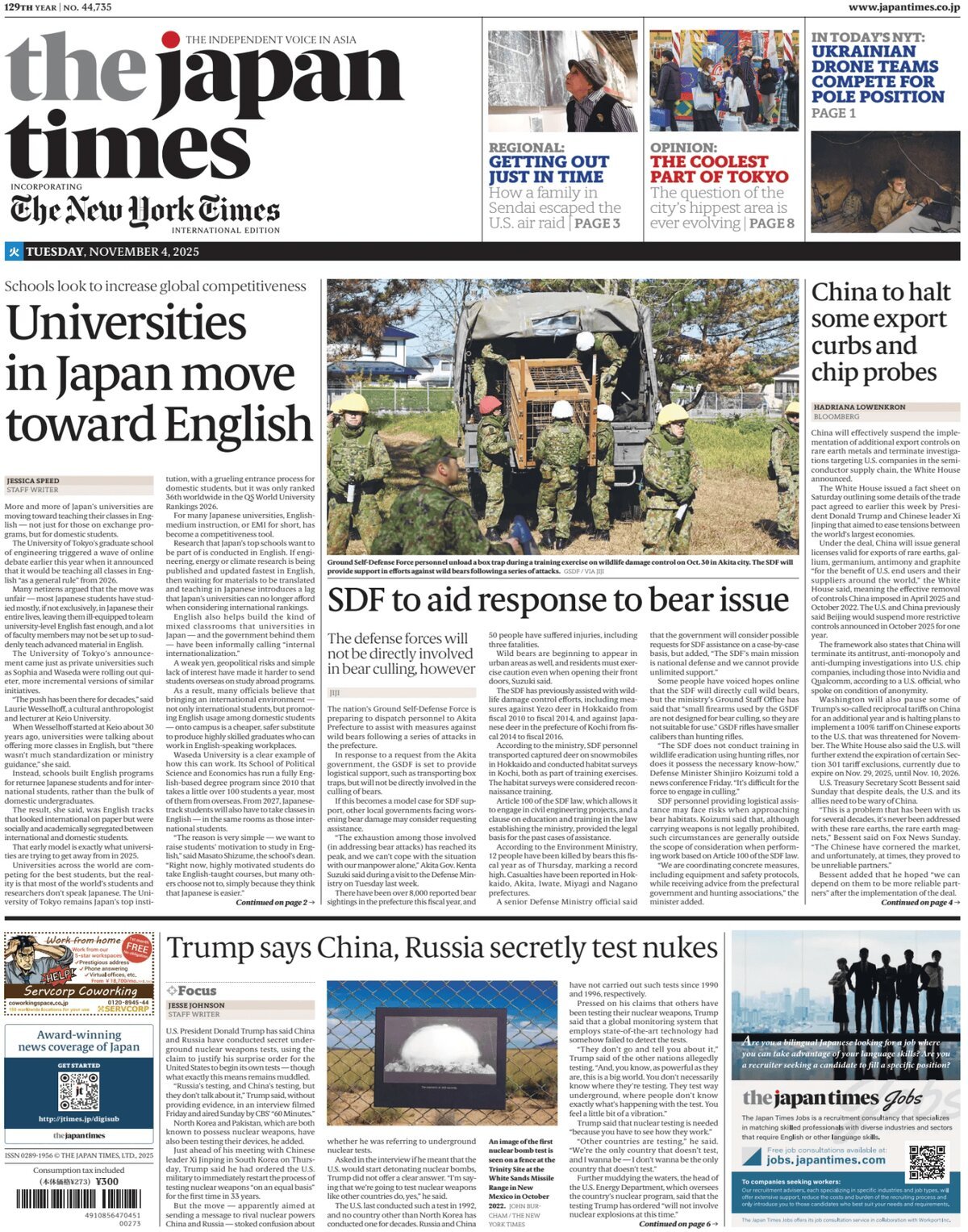 Prima Pagina The Japan Times 04/11/2025