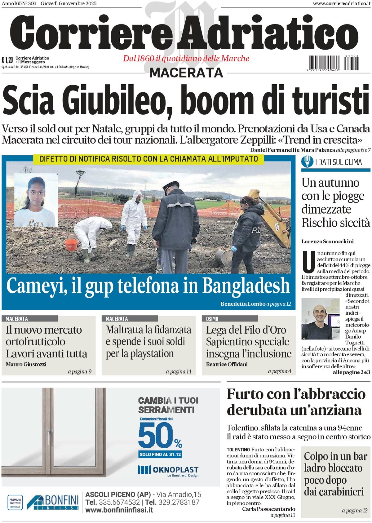 Prima Pagina Corriere Adriatico (Macerata) 06/11/2025