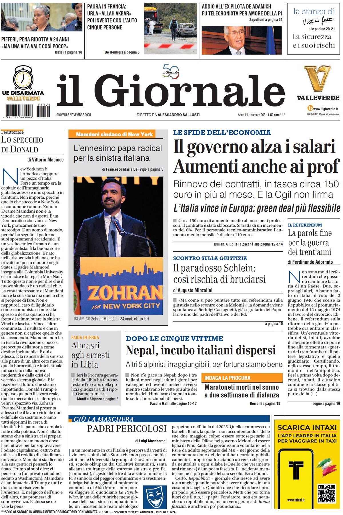 Prima Pagina Il Giornale 06/11/2025