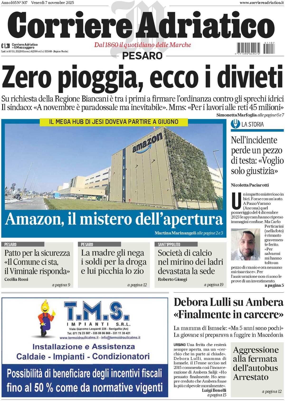 Prima Pagina Corriere Adriatico (Pesaro) 07/11/2025
