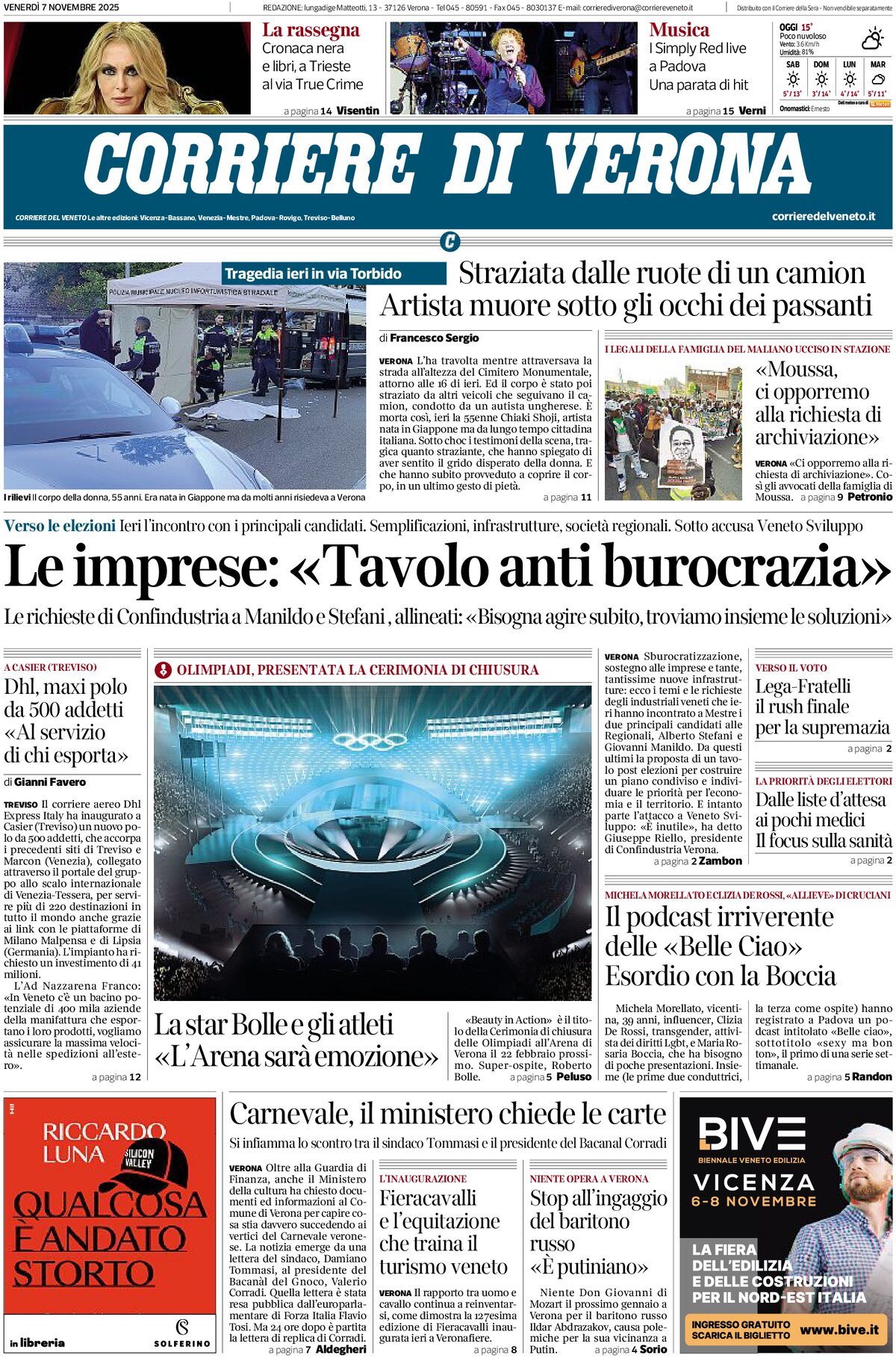 Prima Pagina Corriere di Verona 07/11/2025
