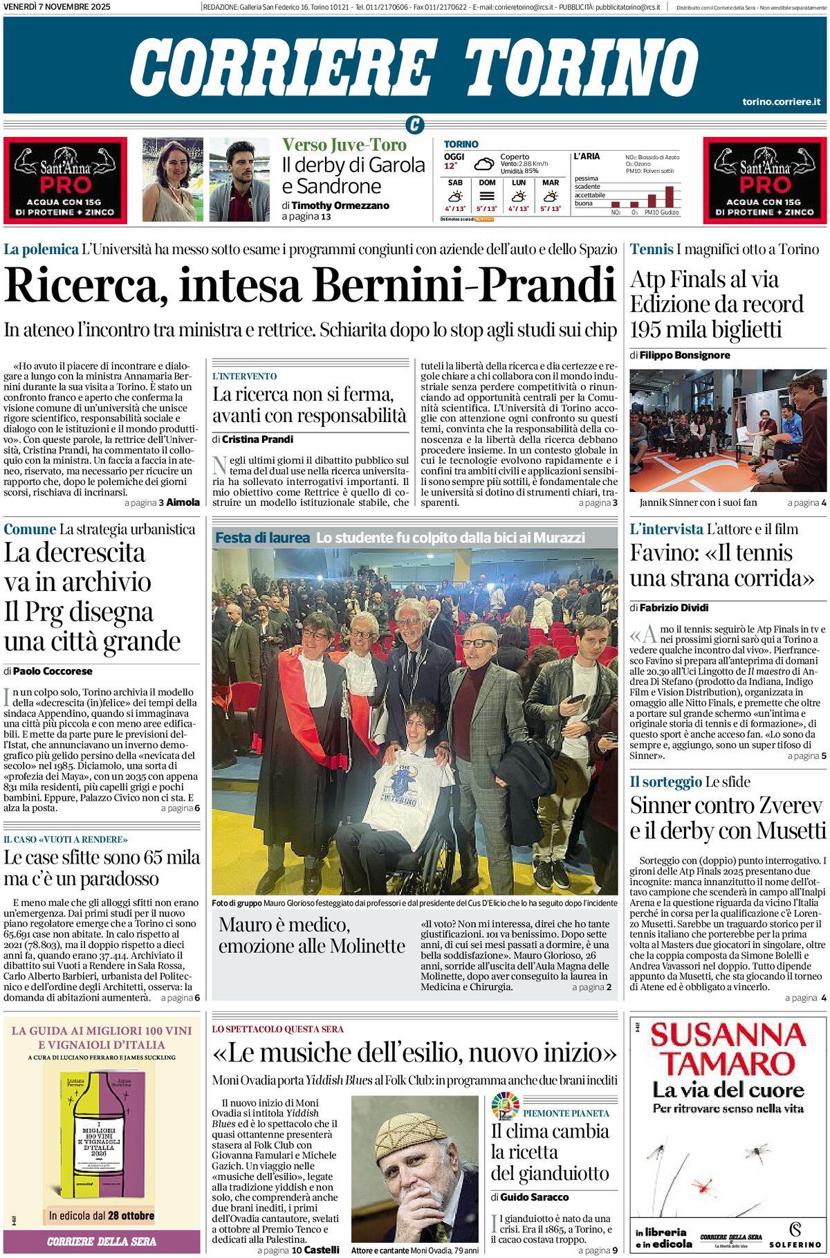 Prima Pagina Corriere Torino 07/11/2025