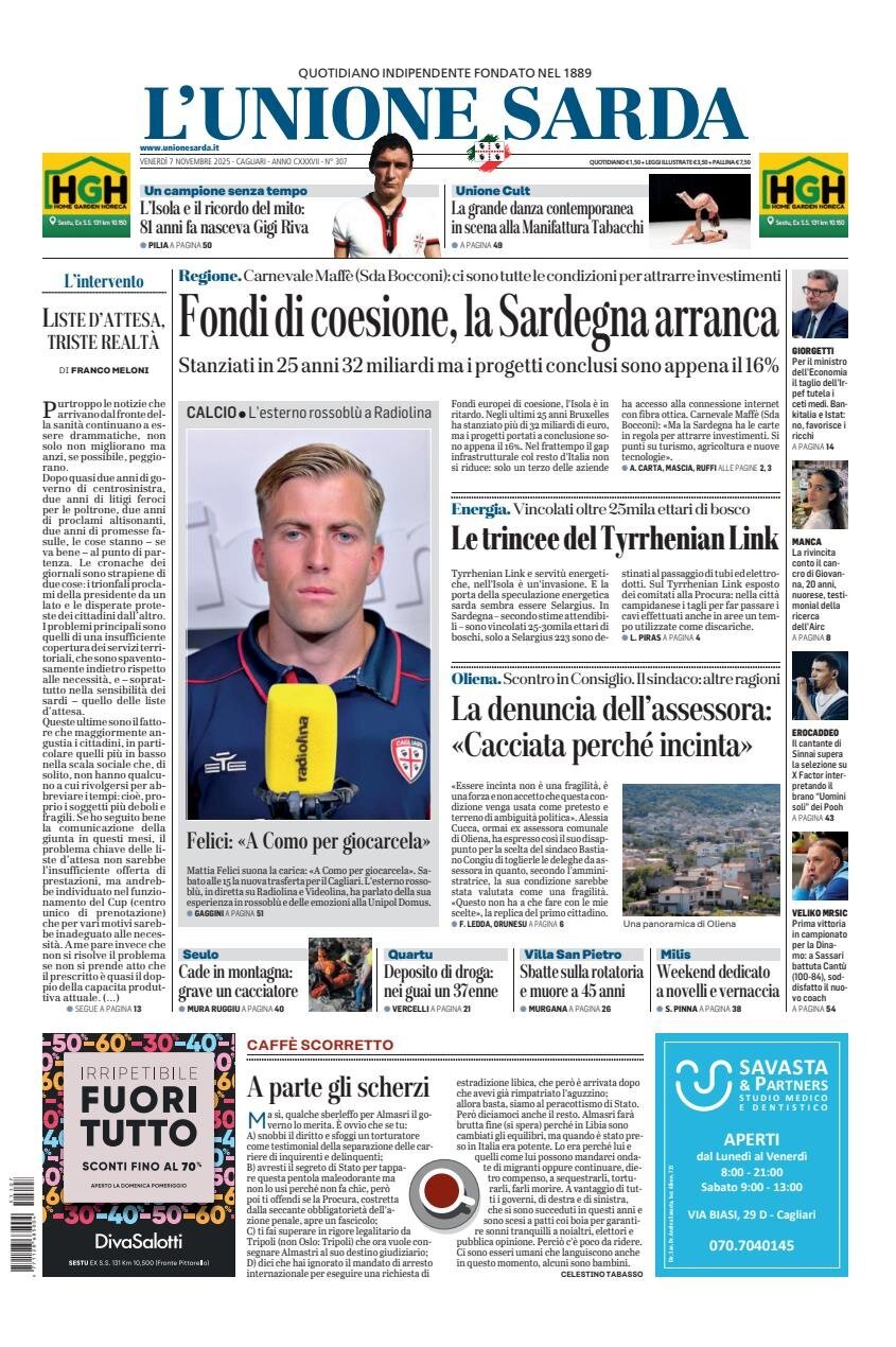 Prima Pagina L'Unione Sarda 07/11/2025