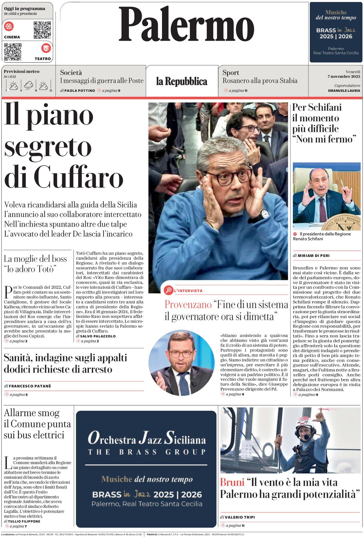 Prima Pagina La Repubblica (Palermo) 07/11/2025