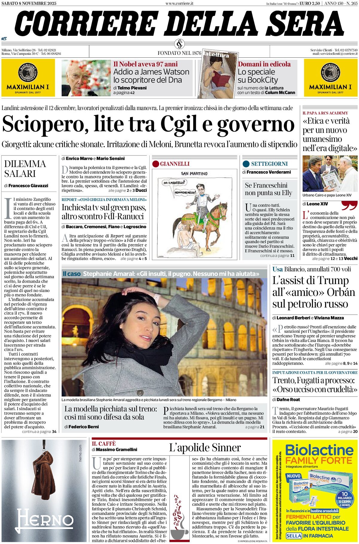 Prima Pagina Corriere della Sera 08/11/2025