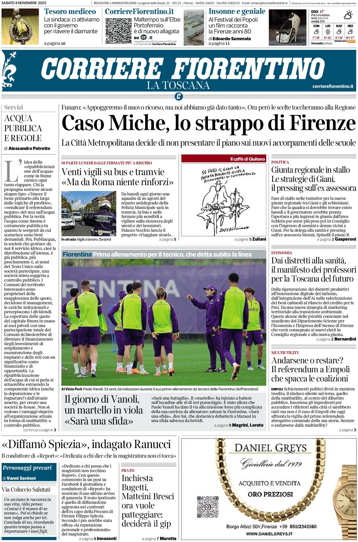 Prima Pagina Corriere Fiorentino 08/11/2025