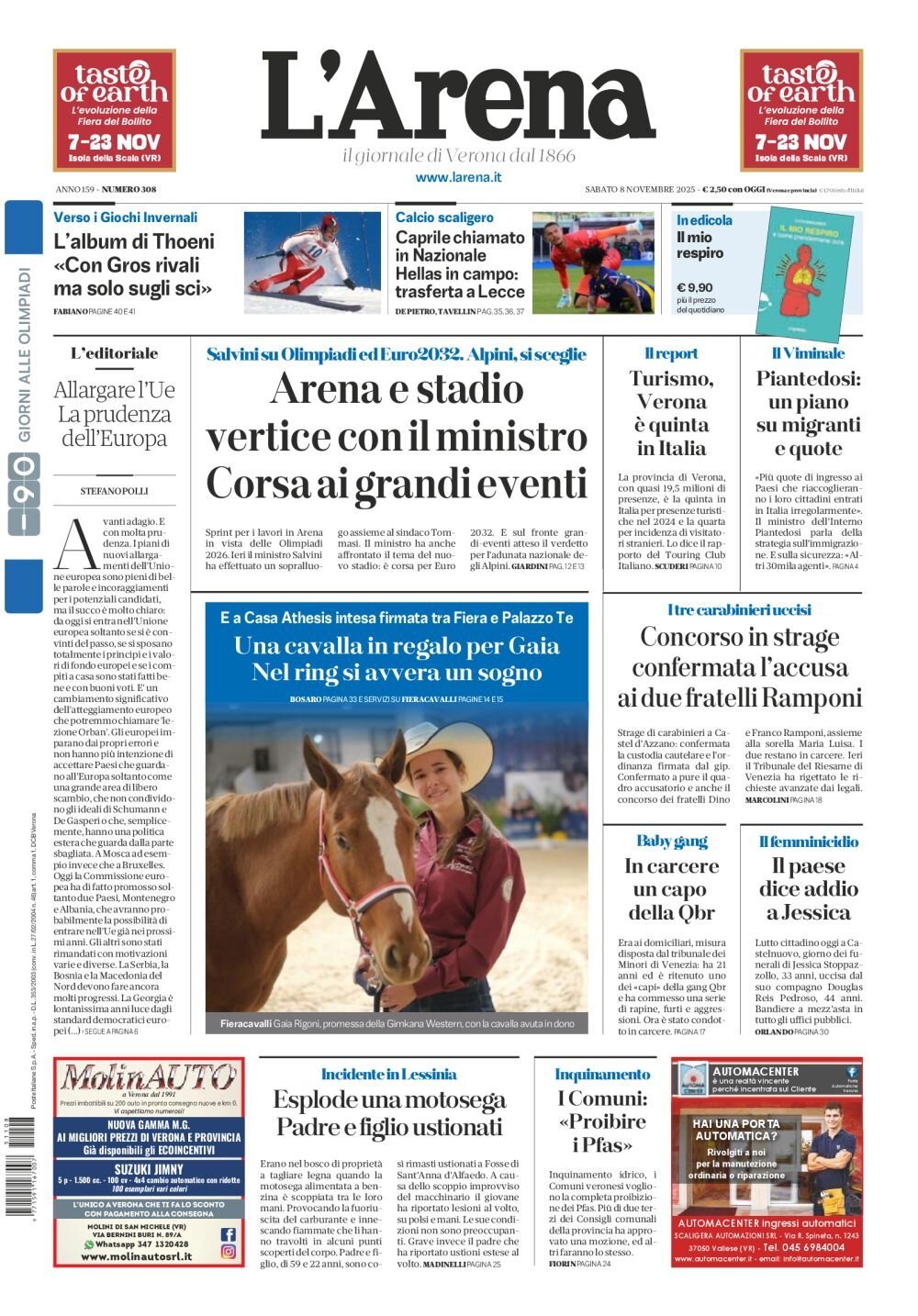 Prima Pagina L'Arena (Verona) 08/11/2025