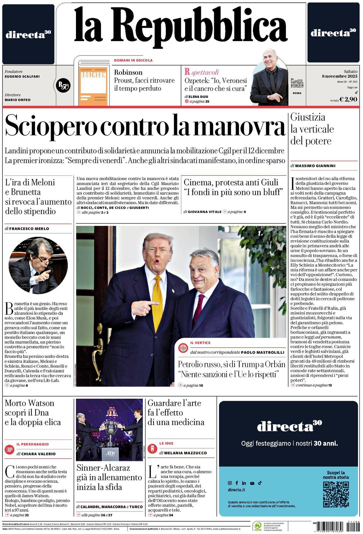 Prima Pagina La Repubblica 08/11/2025