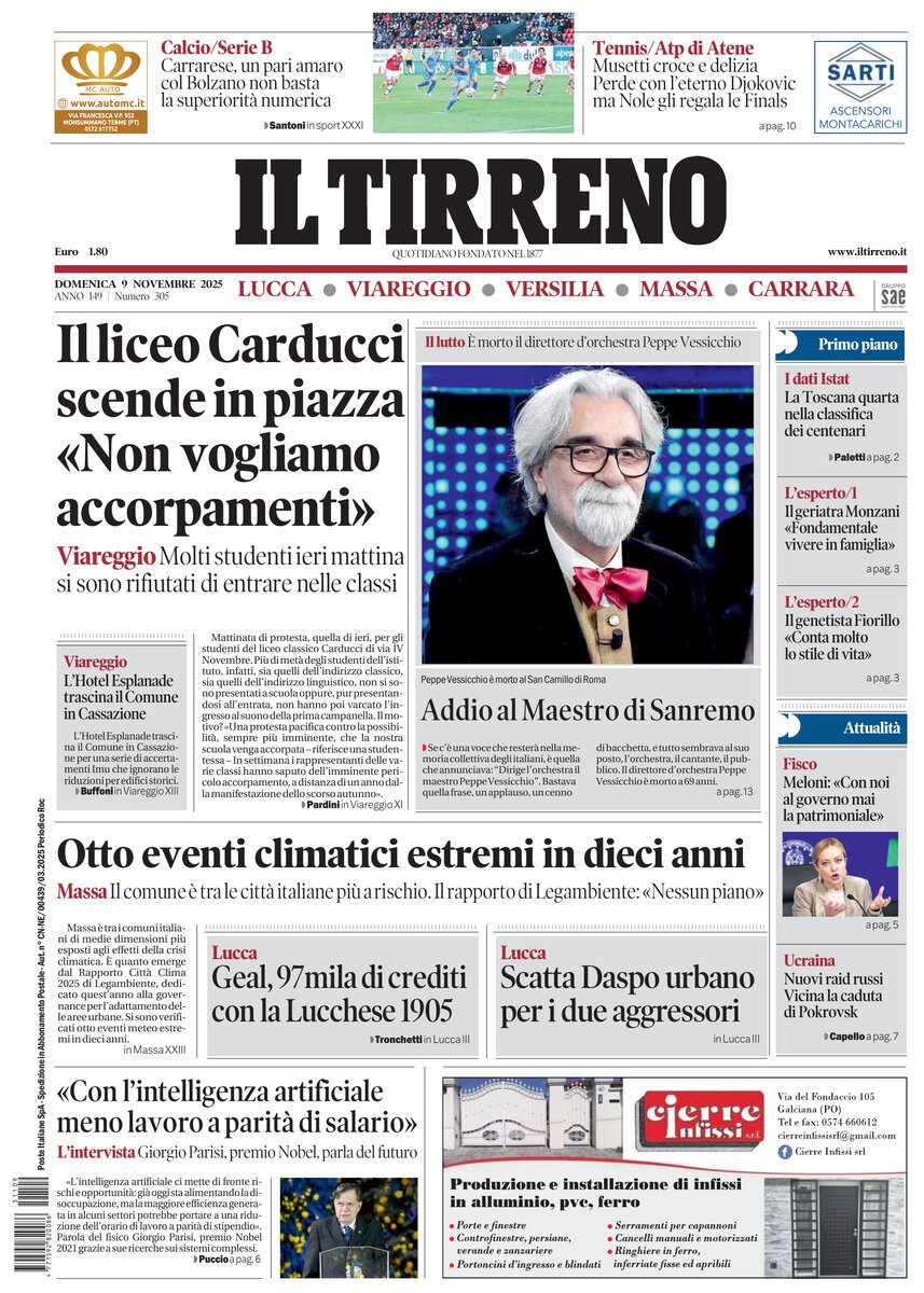 Prima Pagina Il Tirreno (Lucca, Viareggio, Versilia, Massa, Carrara) 09/11/2025