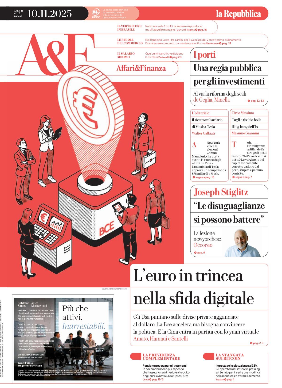 Copertina Affari & Finanza (la Repubblica) 10/11/2025