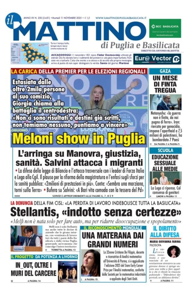 Prima Pagina Il Mattino di Puglia e Basilicata 11/11/2025