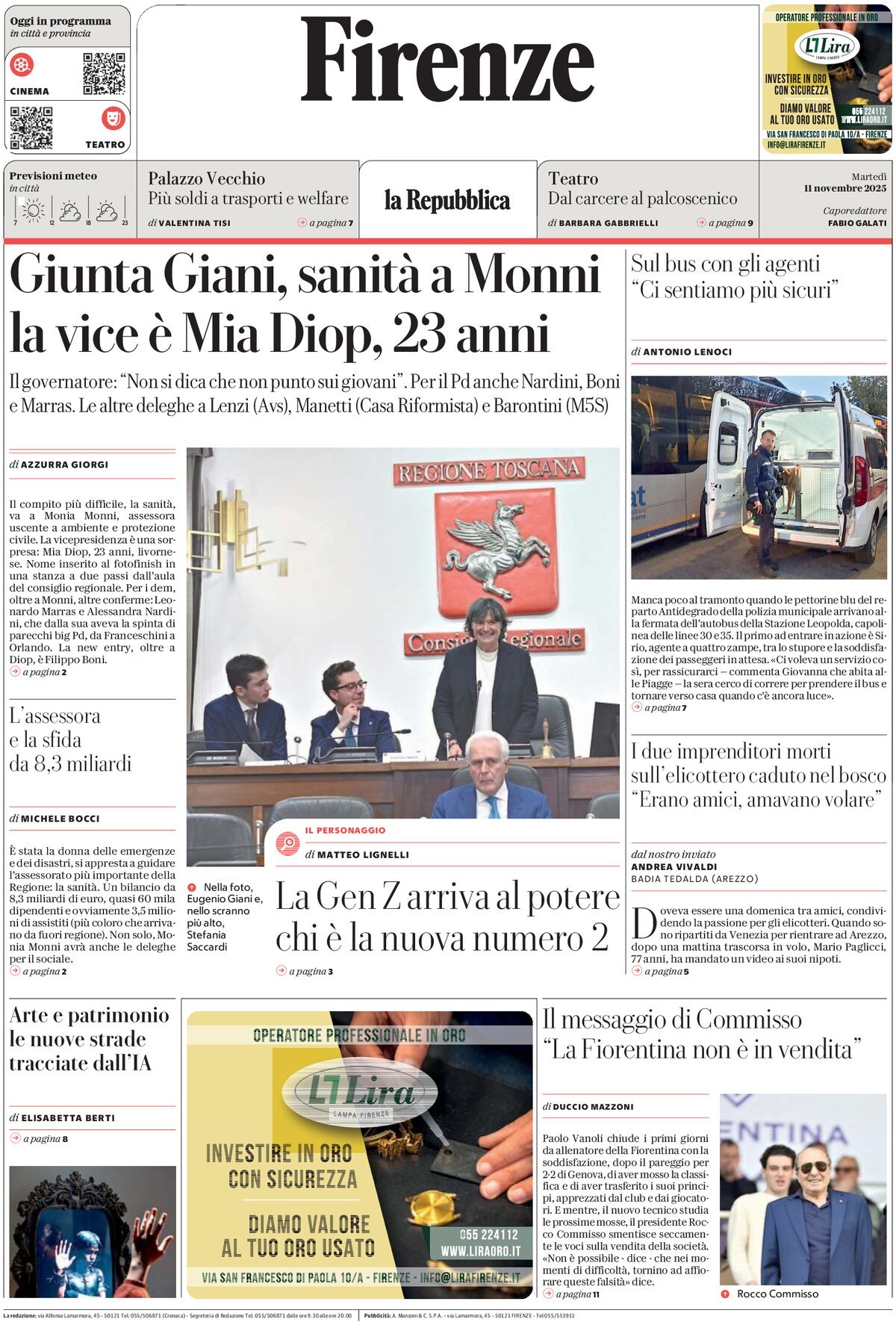 Prima Pagina La Repubblica (Firenze) 11/11/2025