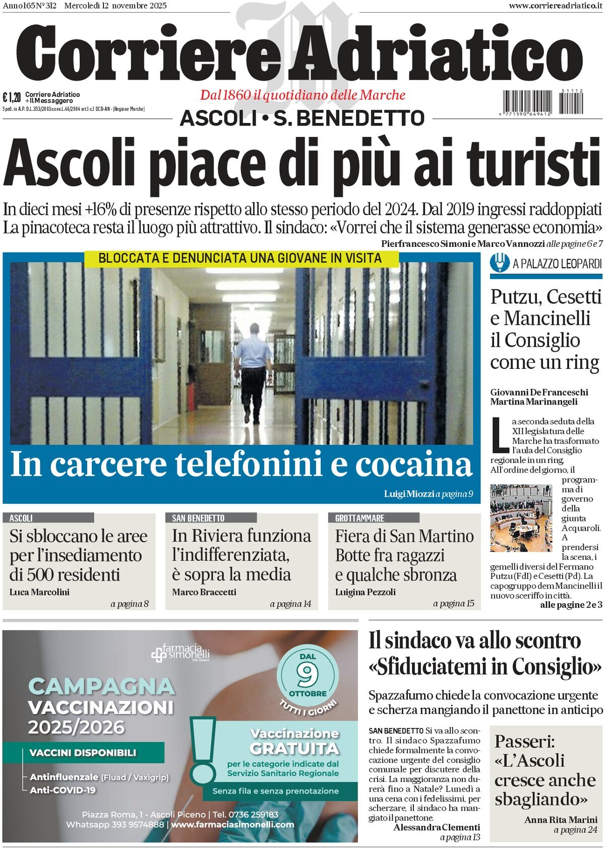 Prima Pagina Corriere Adriatico (Ascoli) 12/11/2025