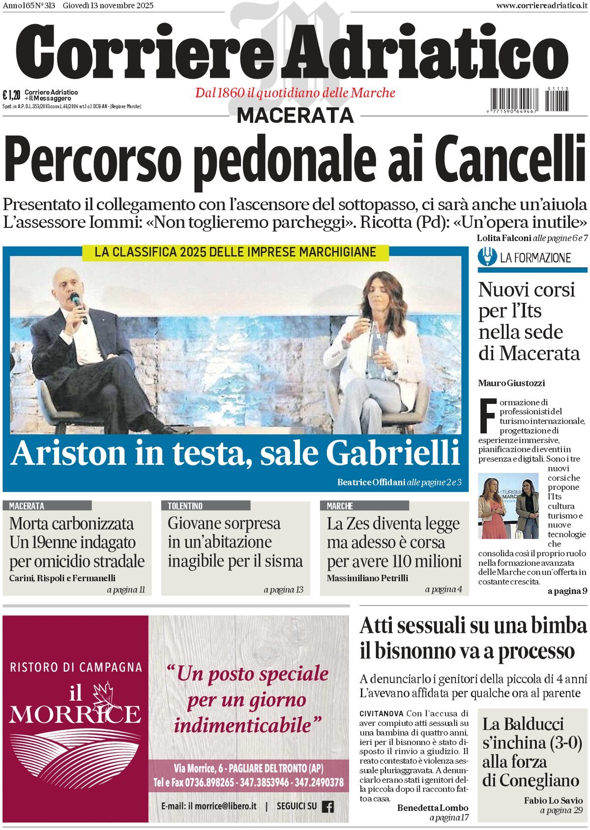 Prima Pagina Corriere Adriatico (Macerata) 13/11/2025