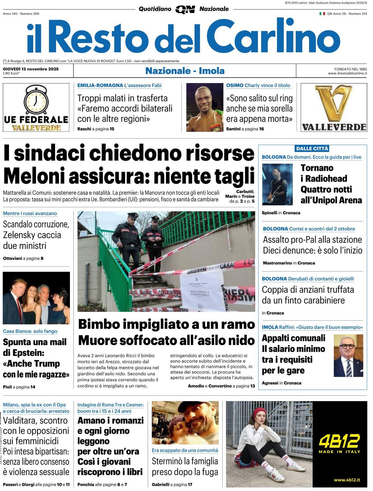 Prima Pagina Il Resto del Carlino 13/11/2025
