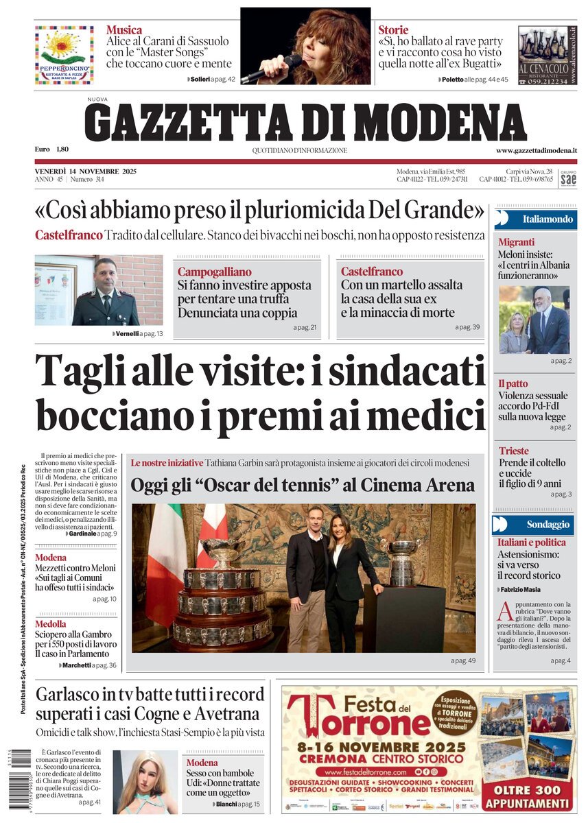 Prima Pagina Gazzetta di Modena 14/11/2025