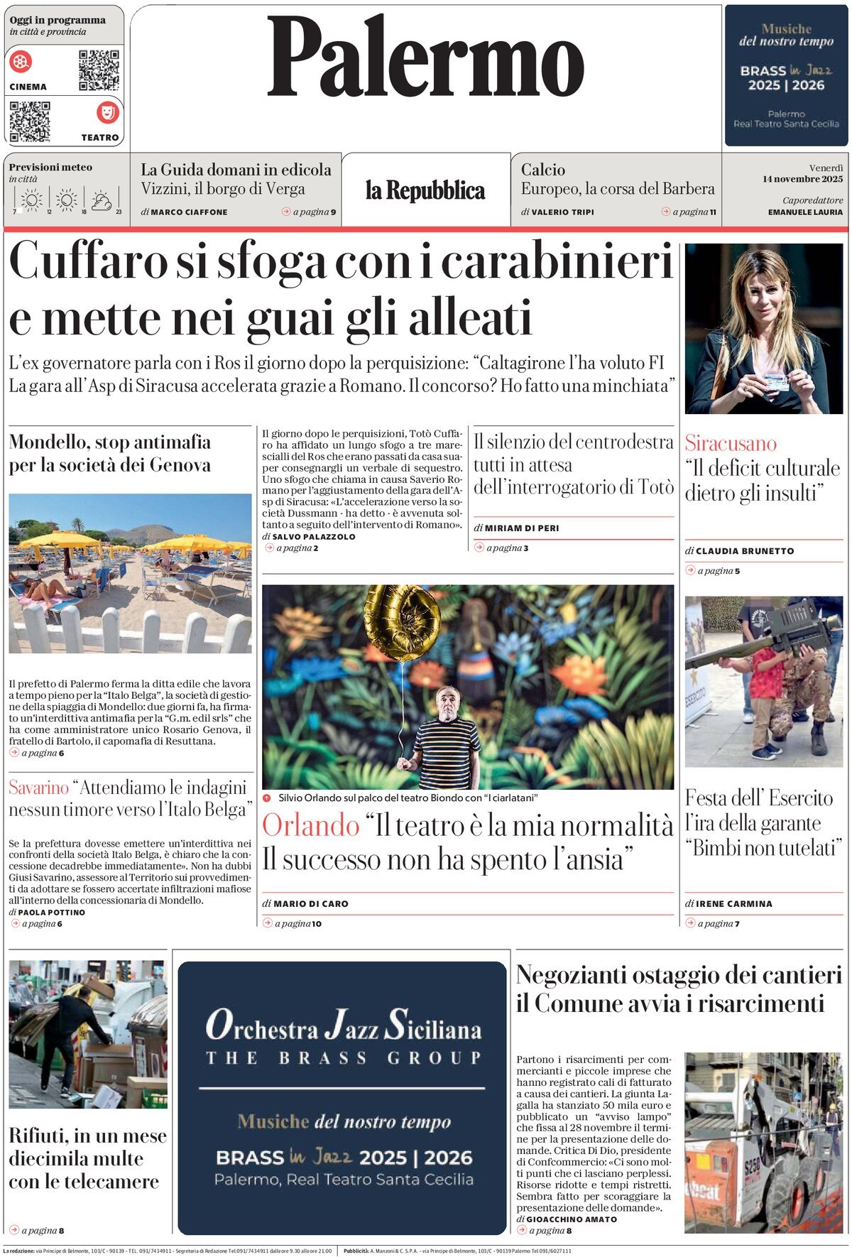 Prima Pagina La Repubblica (Palermo) 14/11/2025