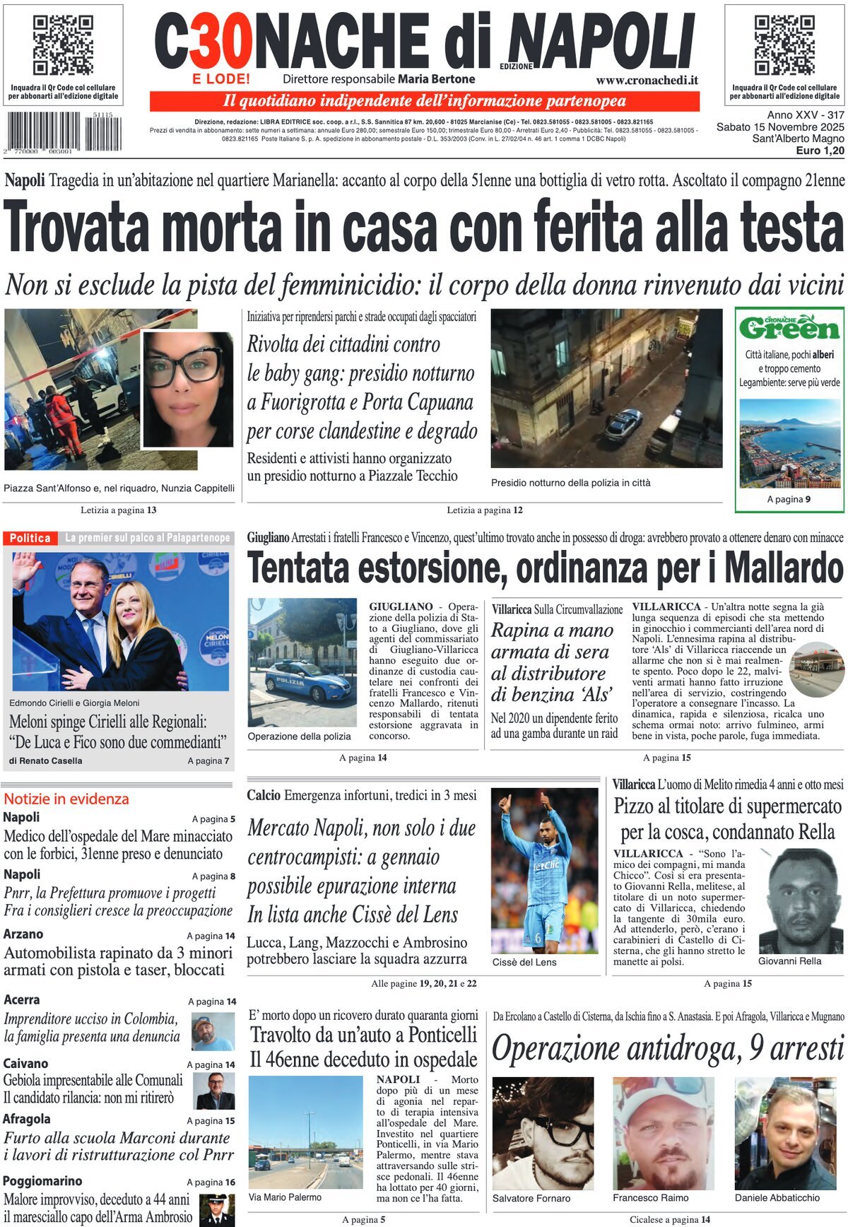 Prima Pagina Cronache di Napoli 15/11/2025