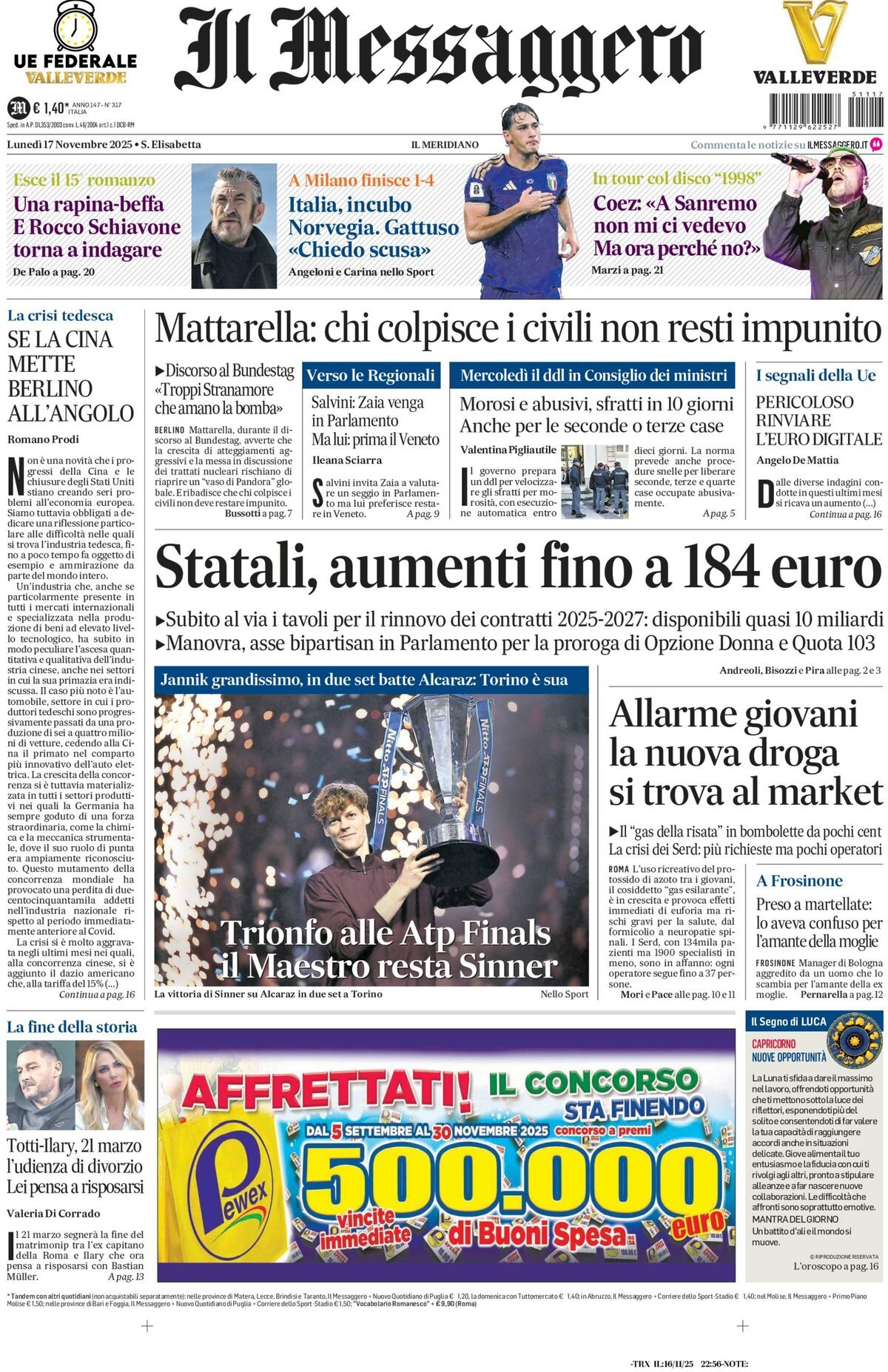 Prima Pagina Il Messaggero 17/11/2025